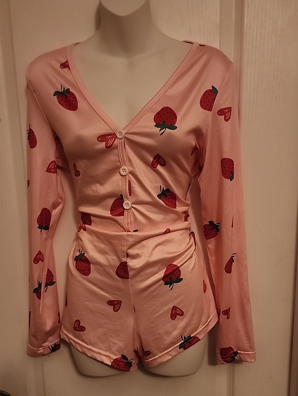 Women's Pink Strawberry-Print Satin Sleep Set